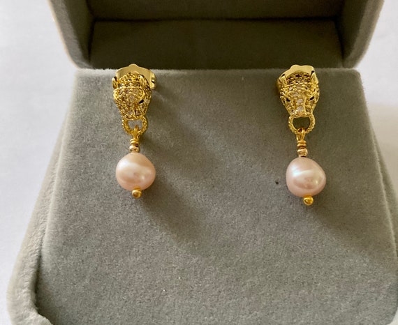 PANTHER Genuine PEARL Gold Plated Vintage Earring… - image 6