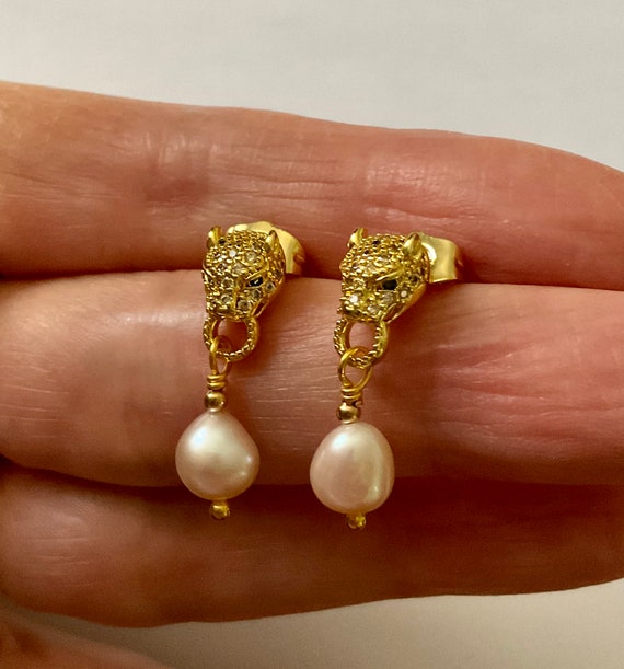 PANTHER Genuine PEARL Gold Plated Vintage Earring… - image 2