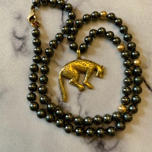 PANTHER HEMATITE GOLD plated Vintage Necklace - 1970 Luxury Design Signed - Genuine Hematites - Gold Plated - Vintage  from France