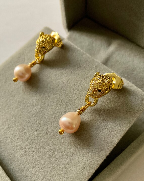 PANTHER Genuine PEARL Gold Plated Vintage Earring… - image 8