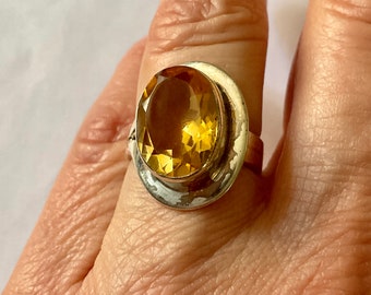GENUINE CITRINE MADEIRA Sterling Vintage Large Ring - Vintage Design - Natural Citrine - Sterling Silver - Ring from France