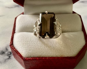 SMOKY TOPAZ STERLING Vintage Ring - Diseño Floral Original - Plata de Ley - Piedra de Topacio Genuino - Joyas de Francia - US Talla 8 1/4