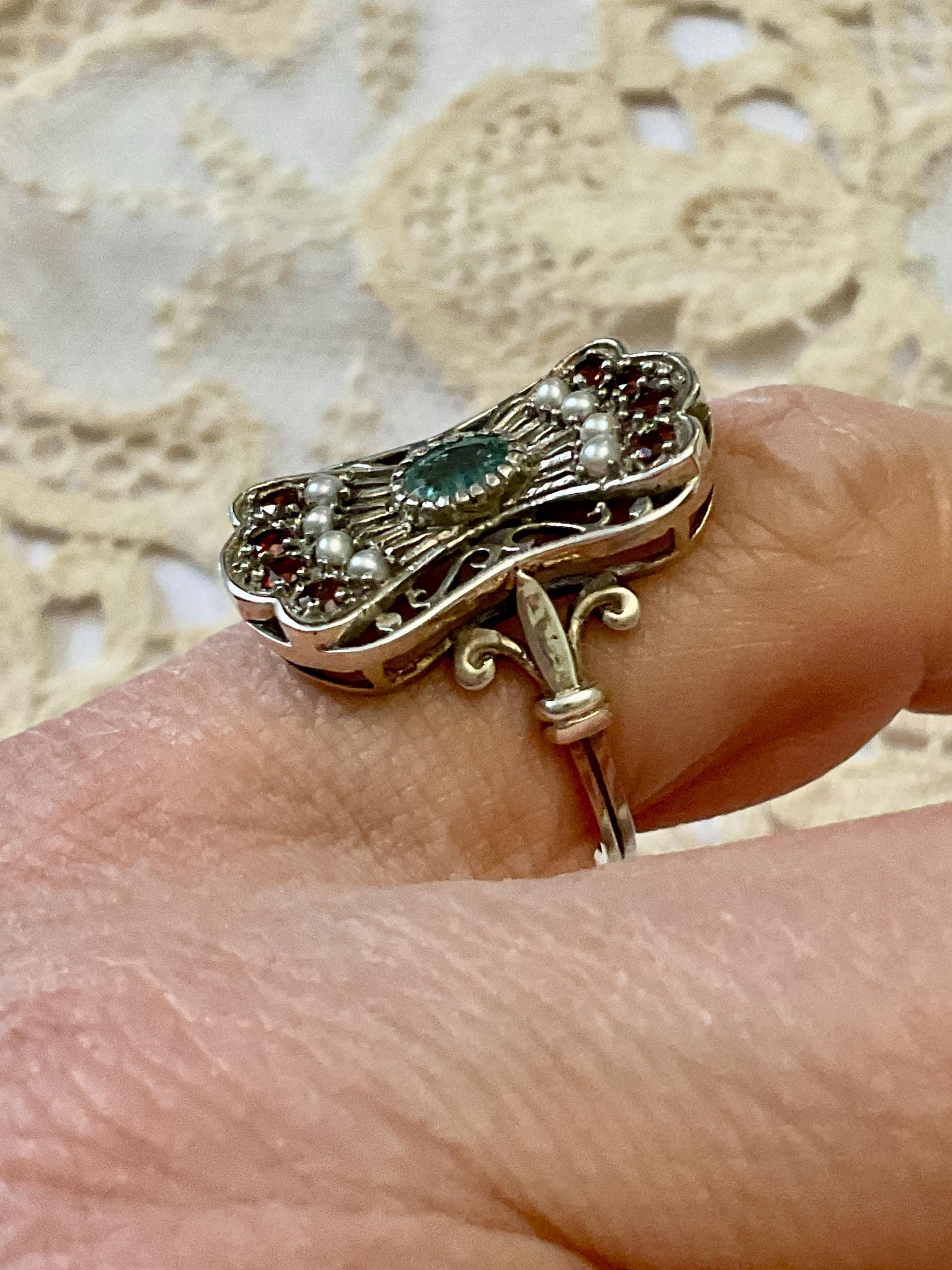 VICTORIAN EMERALD Seed Pearl GARNET Sterling Vintage Ring