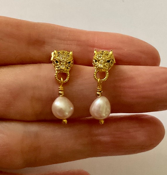 PANTHER Genuine PEARL Gold Plated Vintage Earring… - image 5