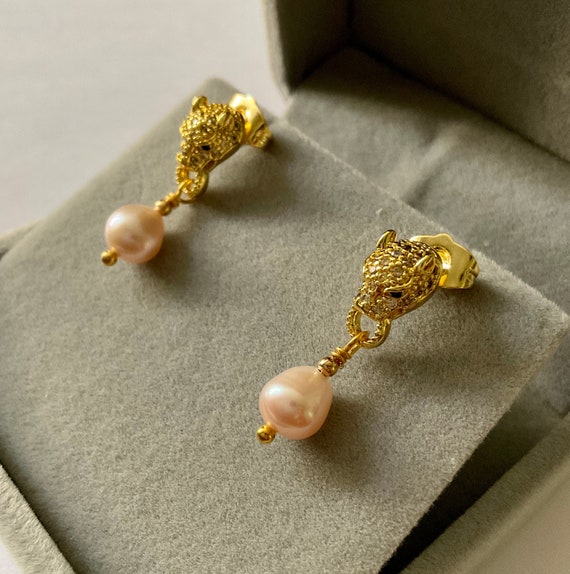 PANTHER Genuine PEARL Gold Plated Vintage Earring… - image 1
