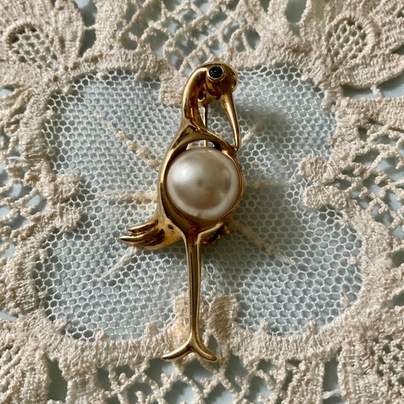 Vintage BIRD Luxe GOLD pLATED PeaRL Sapphire BROO… - image 7