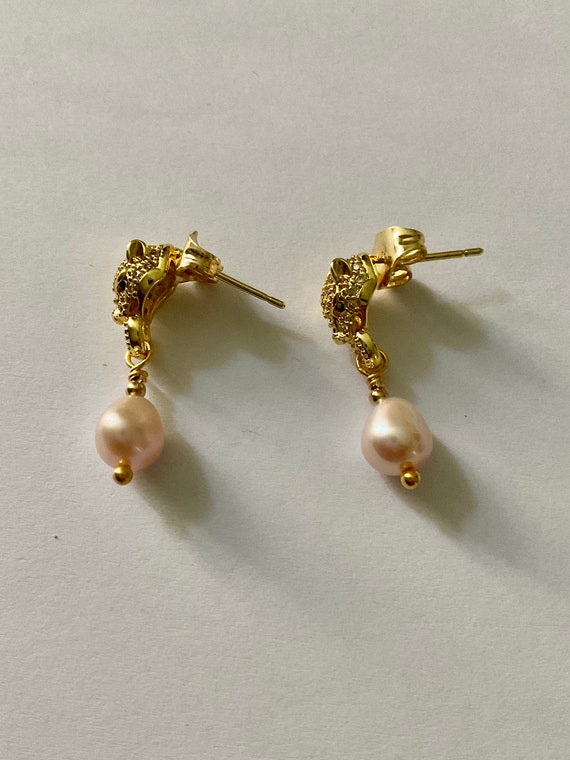 PANTHER Genuine PEARL Gold Plated Vintage Earring… - image 3