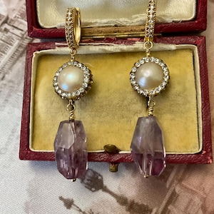 Echte PERLE & geschnitzter Amethyst, vergoldete Vintage-Ohrringe – Luxus-Design-Juwel – vergoldet – echte Steine – aus Frankreich