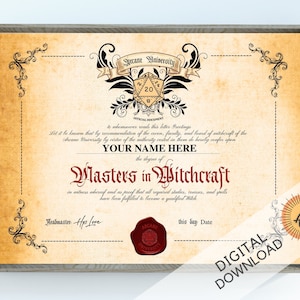 Bearbeitbares PDF. Masters in Witchcraft Zertifikat. Digitaler Download. 20x30cm