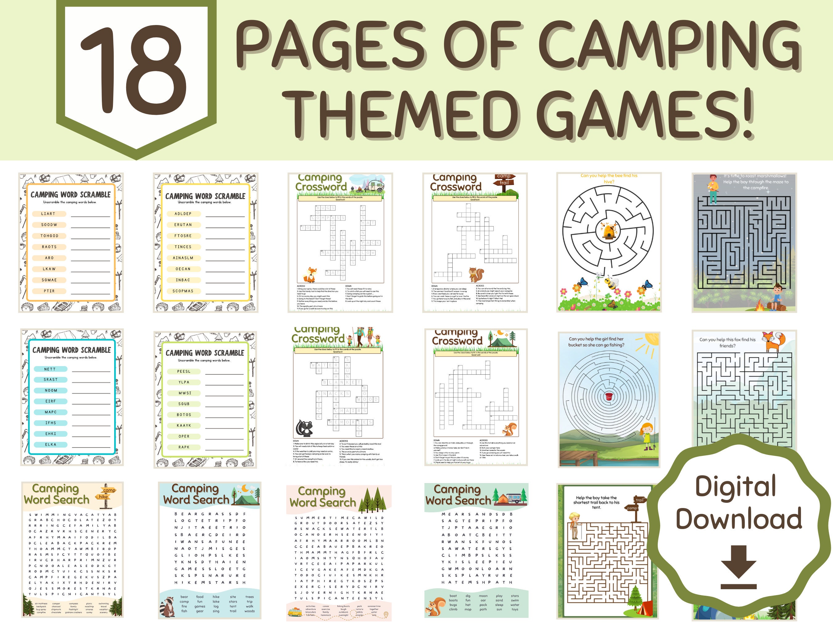 Camping Games Bundle Camping Word Scramble Camping Crossword Camping