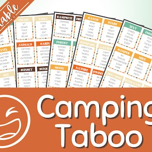 May include: A set of colorful cards with words related to camping, such as "campsite", "canoe", "stars", "tent", "fishing", "road trip", "hike", and "smores". The cards are designed for a game of taboo.