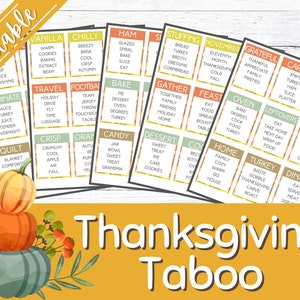 May include: Printable Thanksgiving Taboo game cards with autumn-themed illustrations. The cards feature words related to Thanksgiving, such as "turkey", "family", "gravy", and "pie".
