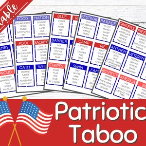 Tabu do Memorial Day | Cartões tabu imprimíveis | Jogos para imprimir | Palavras Proibidas | Jogo de família | Fim de Semana Memorial | Atividades Patrióticas | Diversão
