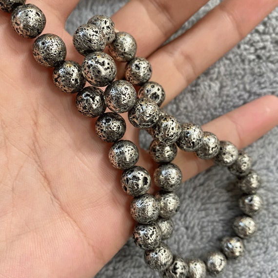 LAVA ROCK Beaded Handmade Jewelry SILVER Crystal Bracelet E1691 Round Beads 