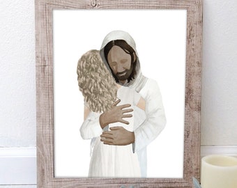 Jesus Christ Hugging Girl with Fair Skin and Curly Blonde Hair Watercolor Latter-day Saint Baptism Gift