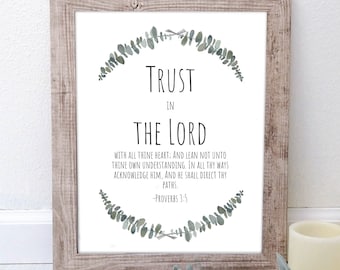 Trust in the Lord with All Thine Heart Proverbs 3:5-6 Watercolor Eucalyptus Digital Download