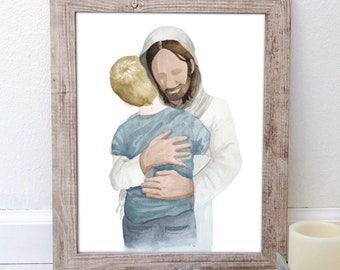 Jesus Christ Hugging Boy with Blonde Hair and Fair Skin Latter-day Saint Baptism Gift Digital Download