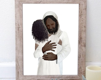 Jesus Christ with Dark Skin Hugging Black/African American Girl Latter-day Saint Baptism Gift Digital Download