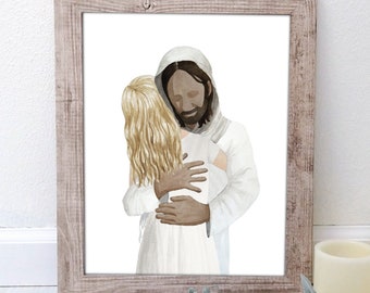 Jesus Christ Hugging Girl with Wavy Blonde Hair and Fair Skin Watercolor Digital Download