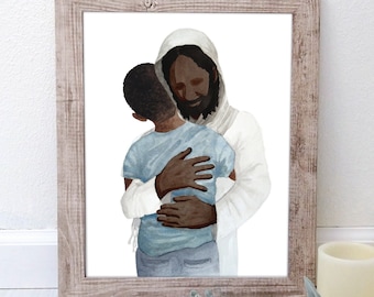 Jesus Christ with Dark Skin Hugging Black/African American Boy Latter-day Saint Baptism Gift Digital Download
