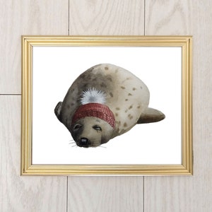 Seal with Red Hat Watercolor Digital Download