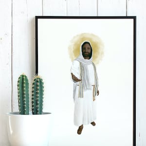 Smiling Jesus Christ with Dark Skin Reaching Toward You Watercolor Digital Download