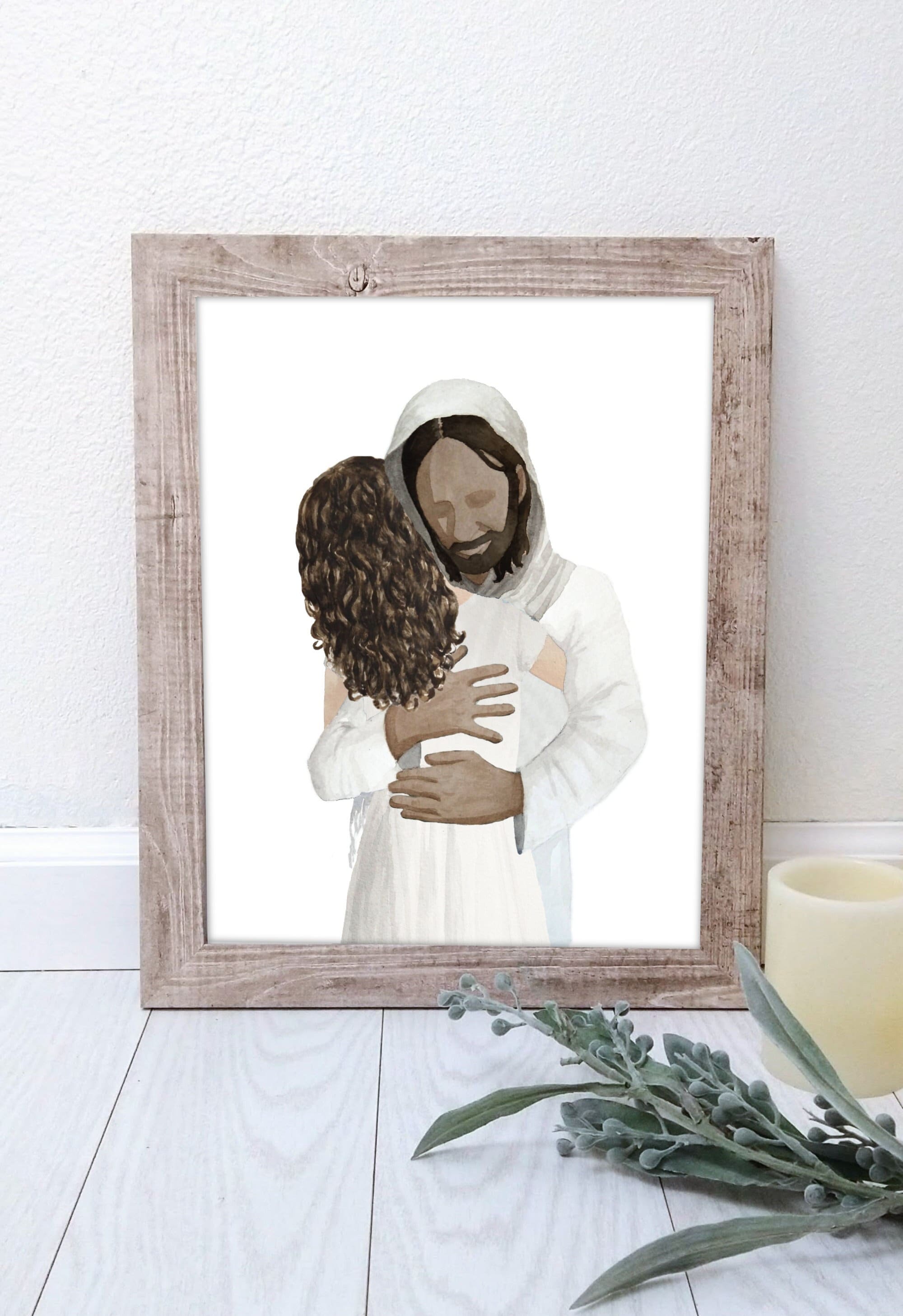 Jesus Christ Hugging Girl with Fair Skin and Long Curly Brown Hair Watercolor Latter-day Saint Baptism Gift Digital Download