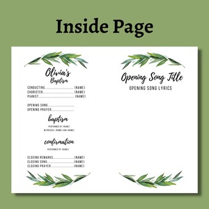 May include: Printable baptism program template with a green leafy wreath design. The program includes sections for conducting, chorister, pianist, opening song, opening prayer, baptism, confirmation, closing remarks, closing song, and closing prayer.