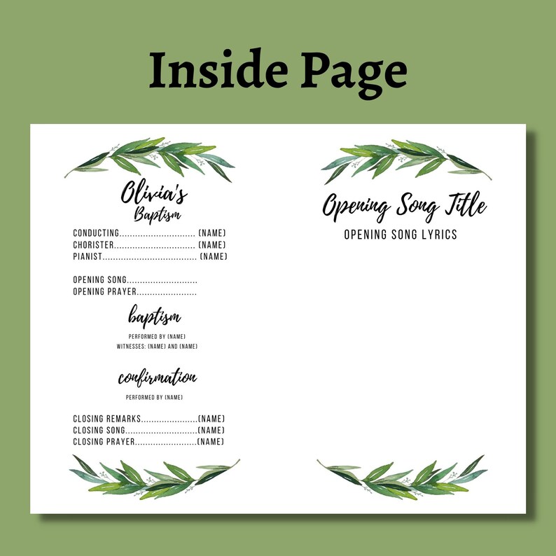 May include: Printable baptism program template with a green leafy wreath design. The program includes sections for conducting, chorister, pianist, opening song, opening prayer, baptism, confirmation, closing remarks, closing song, and closing prayer.