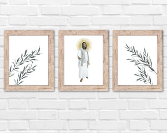 Jesus Christ with Olive Leaves and Branches Watercolor Set of Three Digital Download