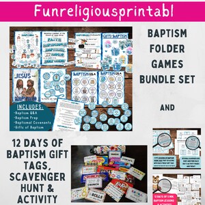 May include: A digital printable resource for baptism celebrations. The image shows a variety of printable activities, games, and decorations, including a baptism Q&A, a 12 days of baptism gift tag scavenger hunt, and a baptism folder game bundle. The image also includes the text "Funreligiousprintabl" and "LINK IN THE PRODUCT DESCRIPTION BELOW".
