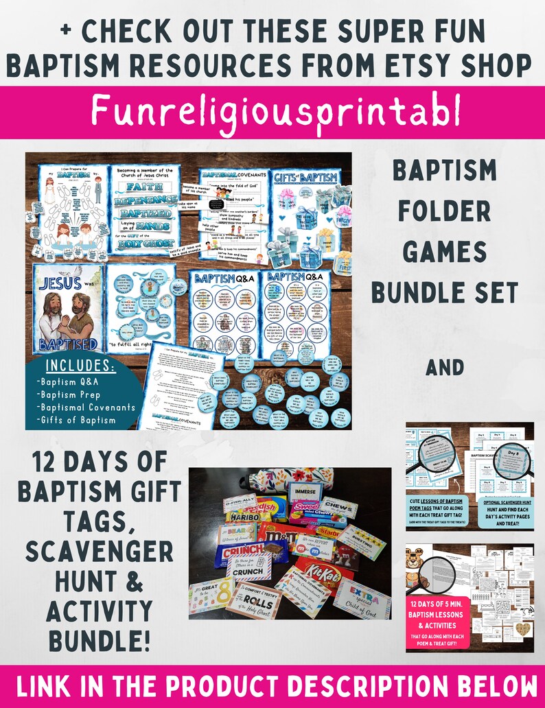 May include: A digital printable resource for baptism celebrations. The image shows a variety of printable activities, games, and decorations, including a baptism Q&A, a 12 days of baptism gift tag scavenger hunt, and a baptism folder game bundle. The image also includes the text "Funreligiousprintabl" and "LINK IN THE PRODUCT DESCRIPTION BELOW".