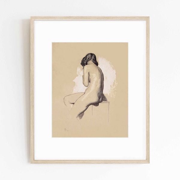 Figure Study | Vintage charcoal sketch of woman seated | Neutral tones | print sizes 8x10 9x12 16x20