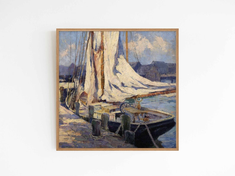 Gloucester Wharf Vintage art oil painting Sailboat ocean nautical theme New England print sizes square 8x8 10x10 16x16 image 1
