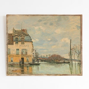 Flood on River Seine | Vintage French landscape oil painting art | Farmhouse neutral decor style | print sizes 5x7 8x10 9x12 16x20 18x24