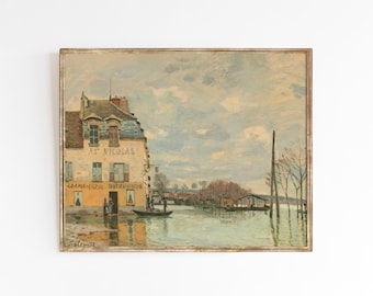 Hochwasser auf der Seine | Vintage französische Landschaft Ölgemälde Kunst | Bauernhaus neutraler Einrichtungsstil | Druckgrößen 5x7 8x10 9x12 16x20 18x24