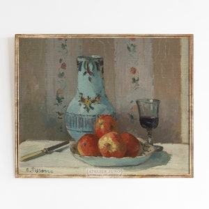 Natura morta con mele / Brocca di pittura ad olio vintage arte da cucina Pissaro / formati di stampa 8x10 9x12