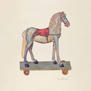 May include: A wooden toy rocking horse with a gray and white painted body, red and white saddle, and black hooves. The horse is on a wooden platform with wheels.