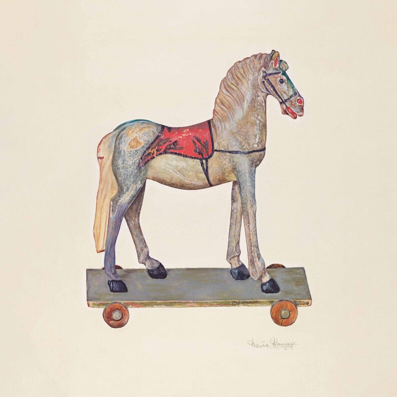 May include: A wooden toy rocking horse with a gray and white painted body, red and white saddle, and black hooves. The horse is on a wooden platform with wheels.