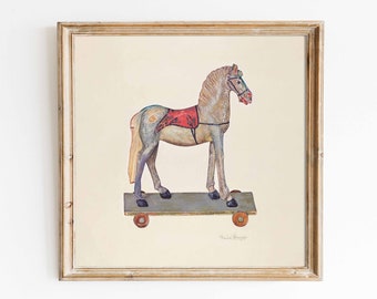 Toy Horse | Vintage art print square | Nursery decor kids room watercolor | print sizes 8x8 5x5 square