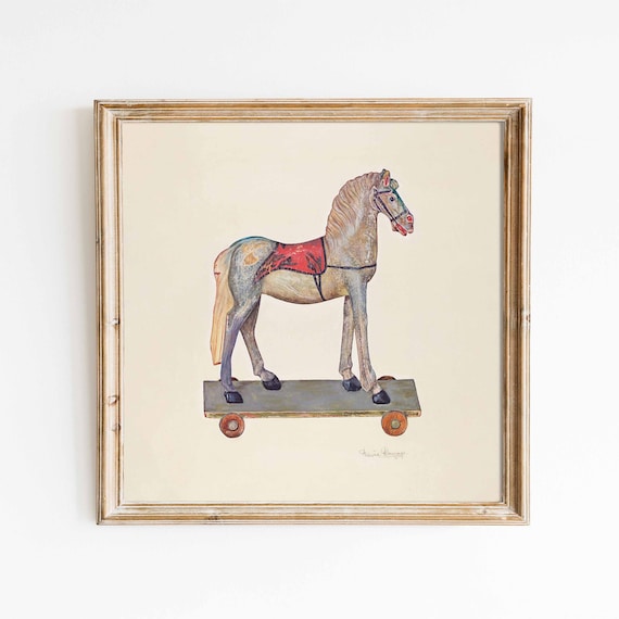 Toy Horse | Vintage art print square | Nursery decor kids room watercolor | physical shipped print sizes 8x8 5x5 square