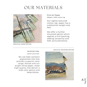 Puede incluir: Nuestros materiales: papel de arte fino de 300 g/m&sup2; 100 % algod&oacute;n, opci&oacute;n de papel de archivo y opci&oacute;n de montaje de archivo. El papel tiene una textura ligera y un peso y una sensaci&oacute;n sustanciales. Las tintas de archivo son resistentes a la decoloraci&oacute;n y ofrecen una gama de colores superior. Las tintas se combinan con papel blanco brillante para ofrecer una amplia gama de colores y negros profundos.