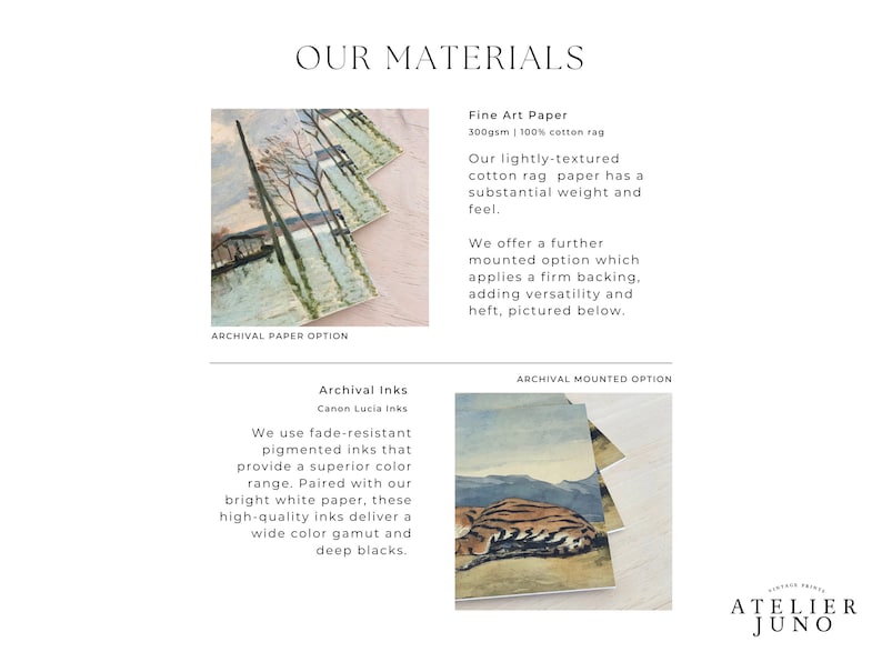 Puede incluir: Nuestros materiales: papel de arte fino de 300 g/m&sup2; 100 % algod&oacute;n, opci&oacute;n de papel de archivo y opci&oacute;n de montaje de archivo. El papel tiene una textura ligera y un peso y una sensaci&oacute;n sustanciales. Las tintas de archivo son resistentes a la decoloraci&oacute;n y ofrecen una gama de colores superior. Las tintas se combinan con papel blanco brillante para ofrecer una amplia gama de colores y negros profundos.
