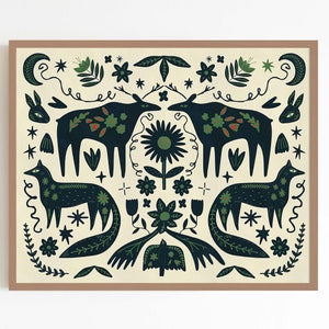 Woodland Otomi / Arte popolare d'epoca norvegese svedese folklore renne volpi animali / Arte murale ritagliata in carta / Dimensioni di stampa fisica 16x20