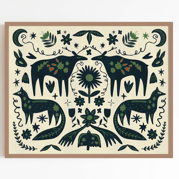 Woodland Otomi | Vintage folk art Norwegian animals | Paper cutout wall art | print size 16x20