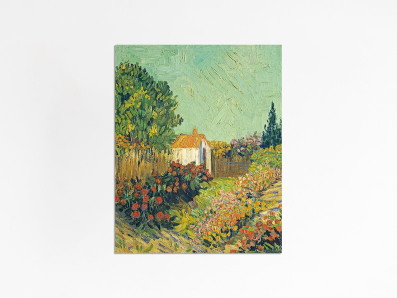 Vintage oil painting cottage garden flowers print style of Van Gogh 5x7 8x10 9x12 image 2