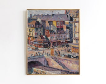 Paris Bridge | Vintage painting print French city landscape scene bridge | sizes 8x10 16x20 18x24