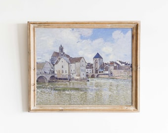Ciudad medieval / Impresión artística vintage de paisaje urbano francés / Azul y gris en tonos apagados / Tamaños de impresión: 8x10, 11x14, 18x24