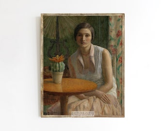 Woman with Cactus | Vintage midcentury oil painting portrait | Southwestern decor | print sizes 8x10 9x12 16x20