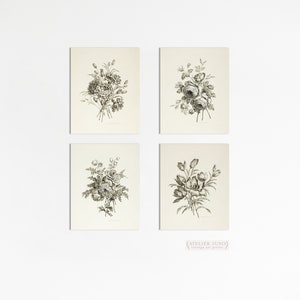 Floral Bunch Gallery Wall Set | Set of 4 vintage floral prints | black and white ink illustration | print sizes 5x7 8x10